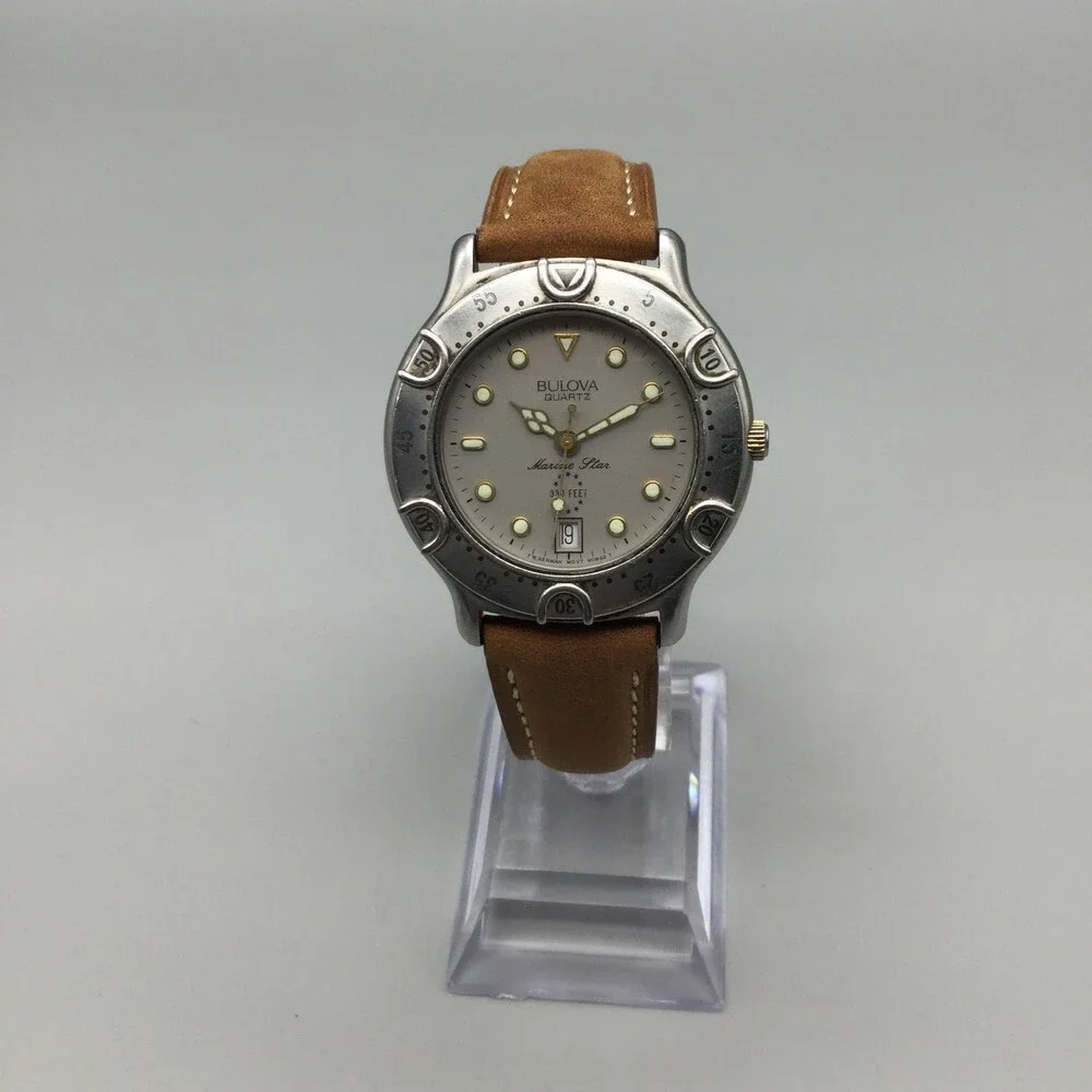 Vintage Bulova Marine Star Mens Diver Watch 36mm Silver Tone Leather New Battery